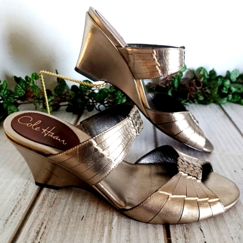 Cole Haan Open Toe Leather Straps Slide On Wedge Sandal - Gold Metallic
